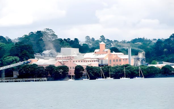 Harbour view with boats and a pink building surrounded by trees on a scenic wine and cheese cruise.