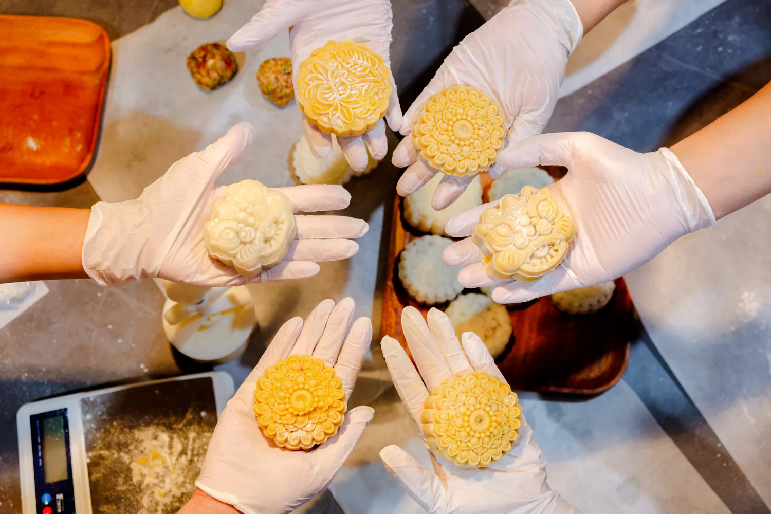 Gloved hands holding baked and snow skin mooncakes during a workshop in Hanoi.