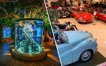 Malta National Aquarium tank and classic cars at Malta Classic Car Collection Museum.