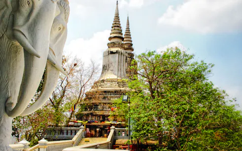 Oudong Mountain stupa with elephant sculpture, Phnom Penh day tour.