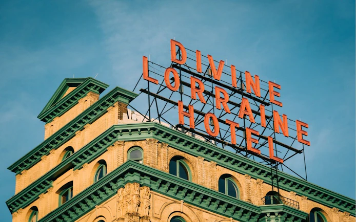 Divine Lorraine Hotel sign in Philadelphia, part of the Ghosts of Philadelphia tour.