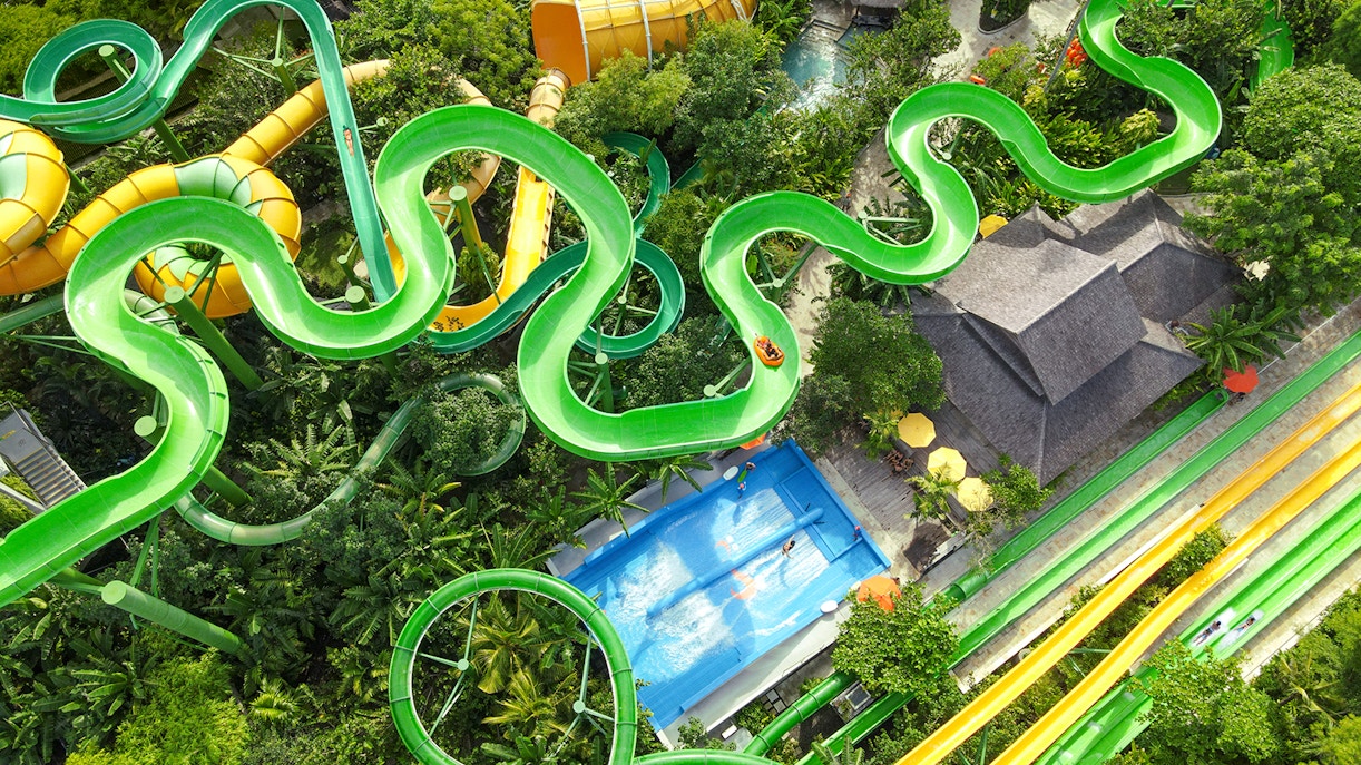 Aerial view of the Constrictor water slide at Waterbom Bali water park, Indonesia.