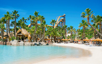 Caribe Bay beach with palm trees, water slides, and sunbathers on loungers.