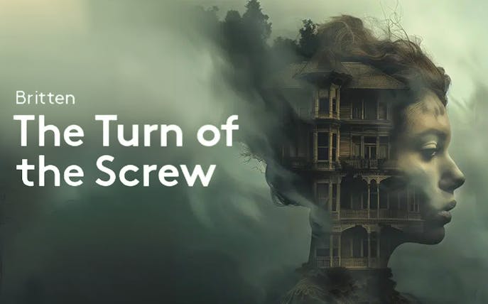 Britten's "The Turn of the Screw" text with a woman's profile merging into a Victorian house.