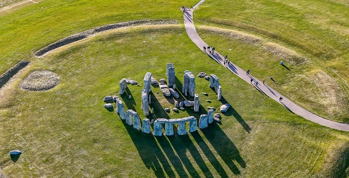 Aerial view of Stonehenge in Wiltshire, England, showcasing ancient stone circle.