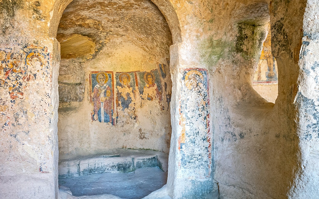 Rupestrian church frescoes in Murgia Park, Italy.