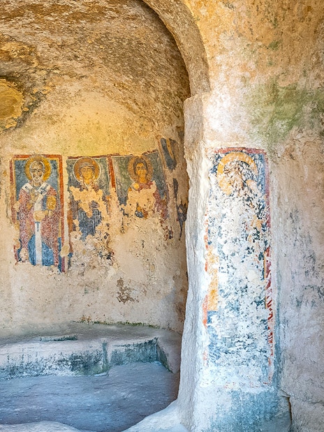 Rupestrian church frescoes in Murgia Park, Italy.