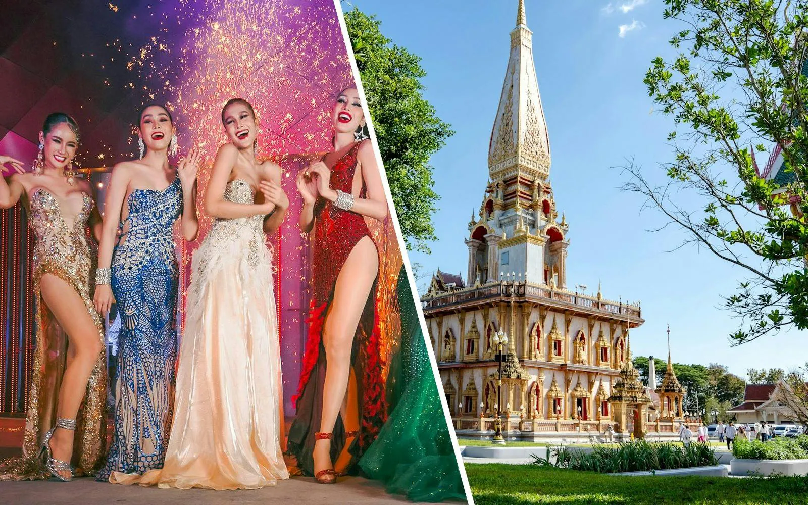 Simon Cabaret performers in vibrant costumes and Wat Chalong temple in Phuket.