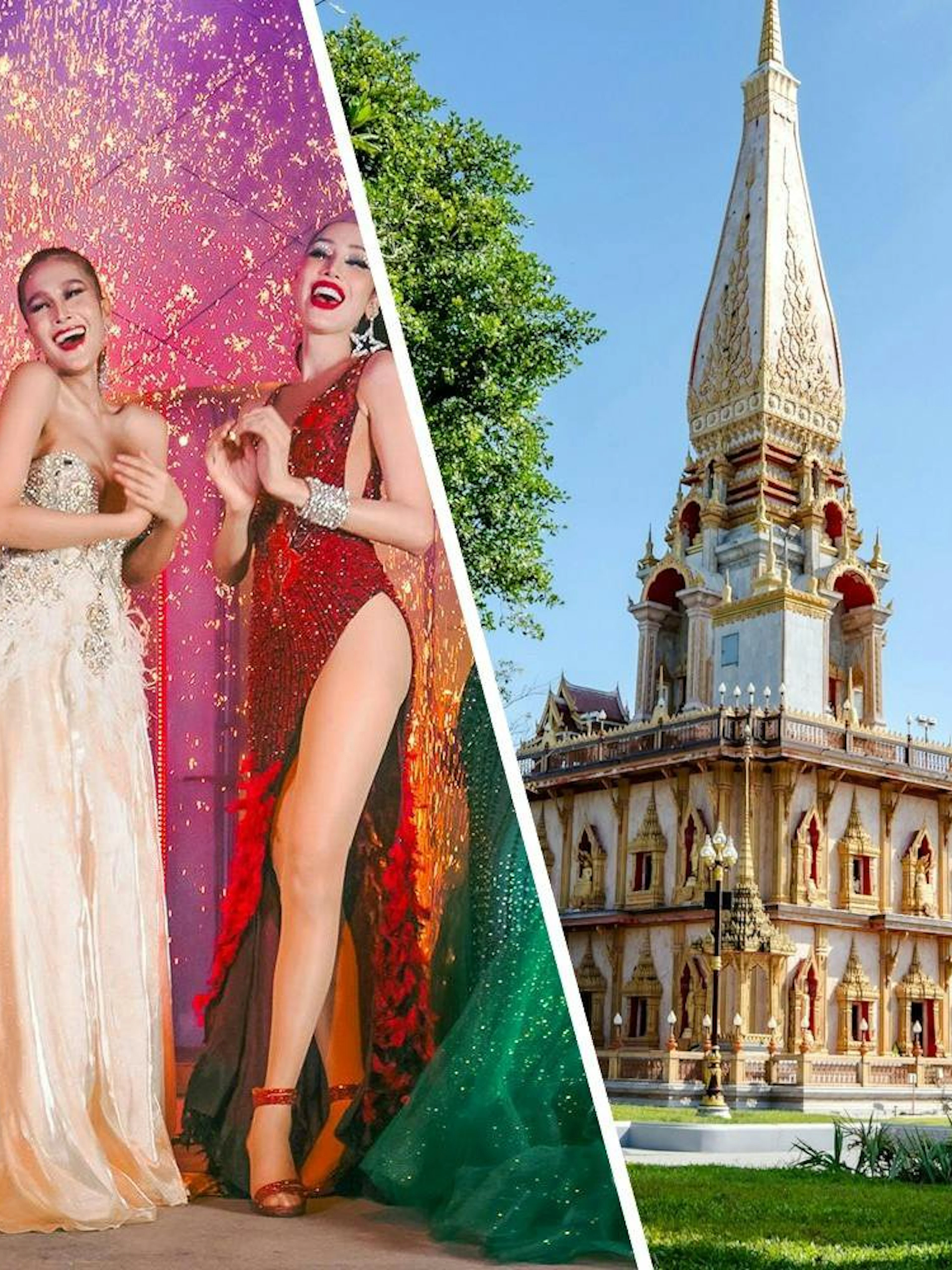 Simon Cabaret performers in vibrant costumes and Wat Chalong temple in Phuket.