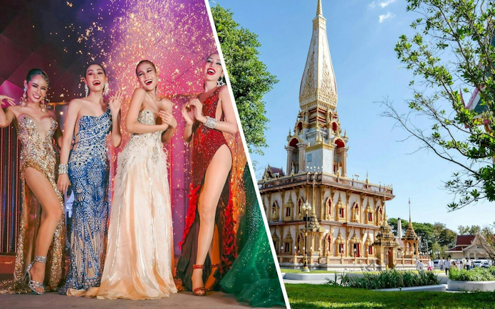 Simon Cabaret performers in vibrant costumes and Wat Chalong temple in Phuket.