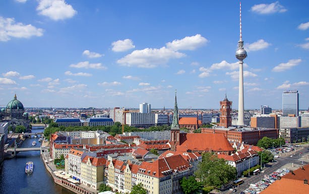 Berliner Fernsehturm and cityscape view in Berlin, Germany.