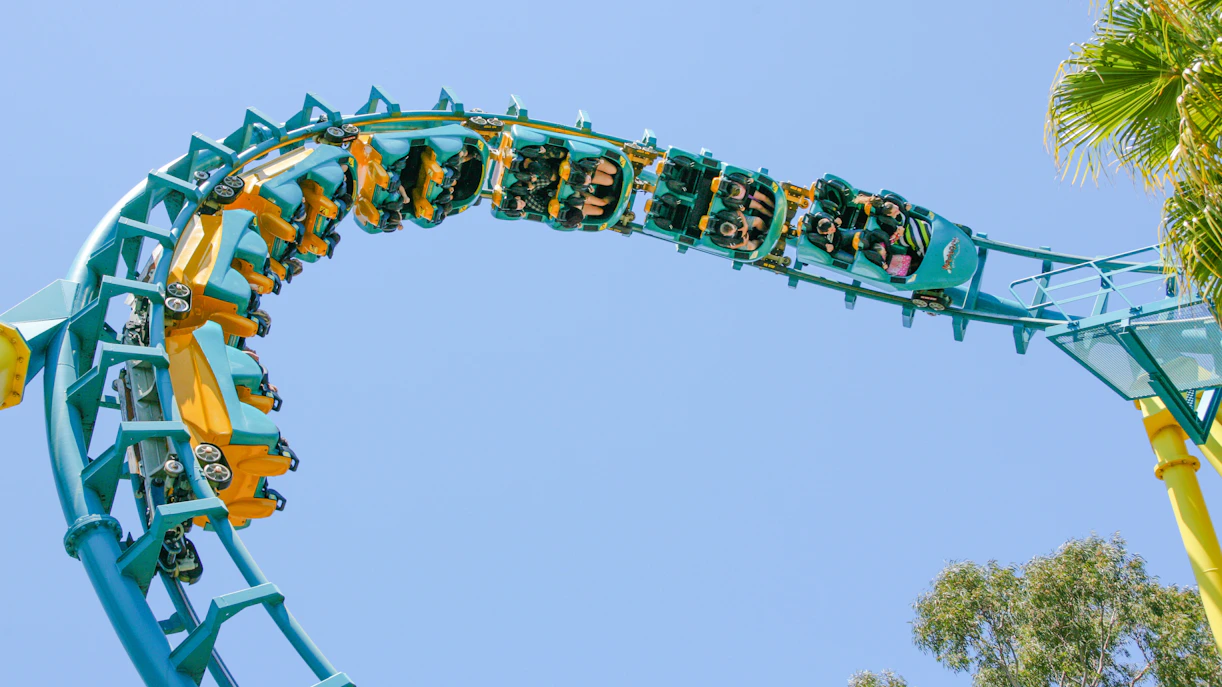 Roller coaster loop at Boomerang Coast-to-Coaster, Six Flags Discovery Kingdom.