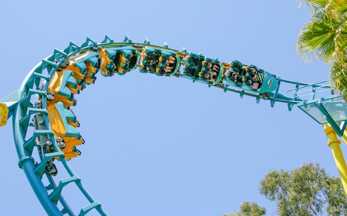 Roller coaster loop at Boomerang Coast-to-Coaster, Six Flags Discovery Kingdom.