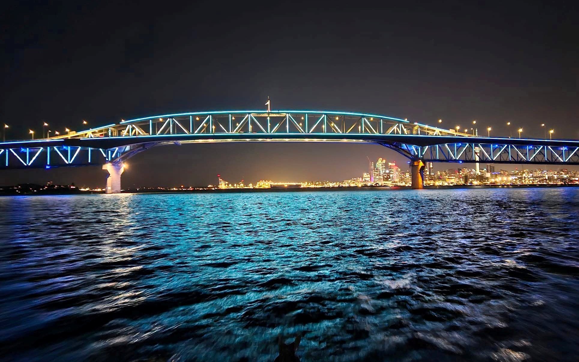 Auckland Harbour Bridge illuminated at night during a harbour cruise.