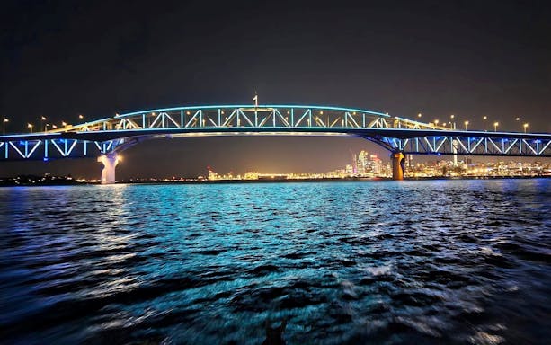 Auckland Harbour Bridge illuminated at night during a harbour cruise.