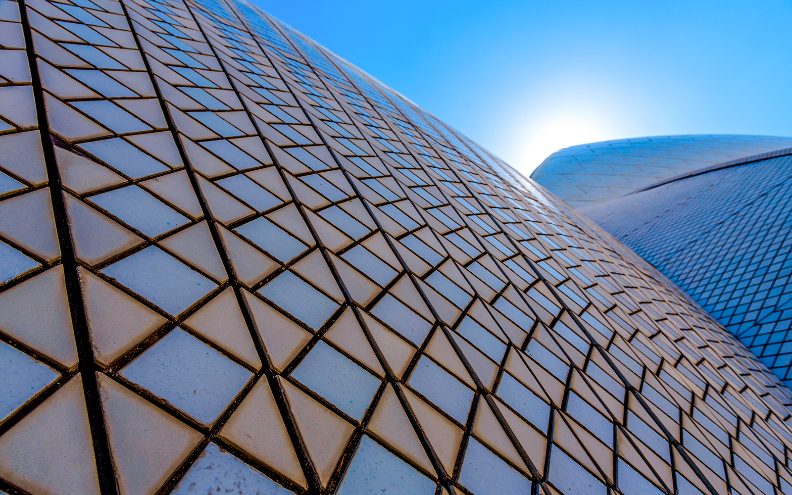 Sydney Opera House roof tiles with geometric patterns under a clear blue sky.