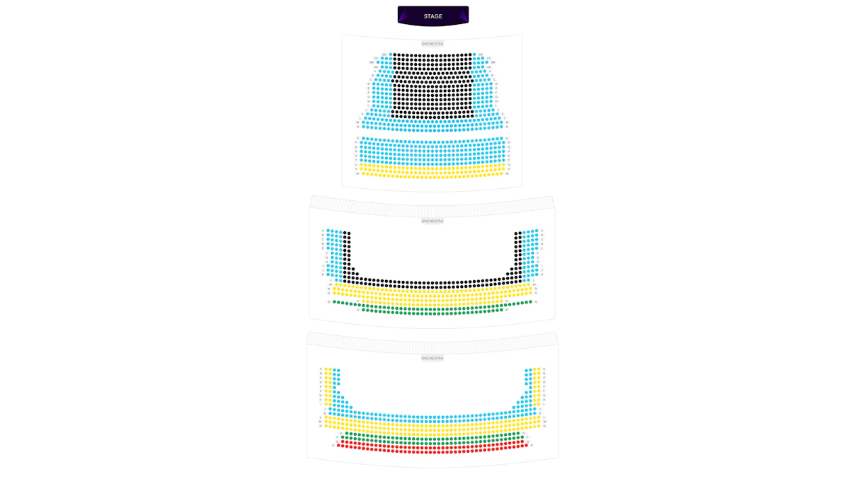 Seating chart for a theater with color-coded sections indicating different price levels.
