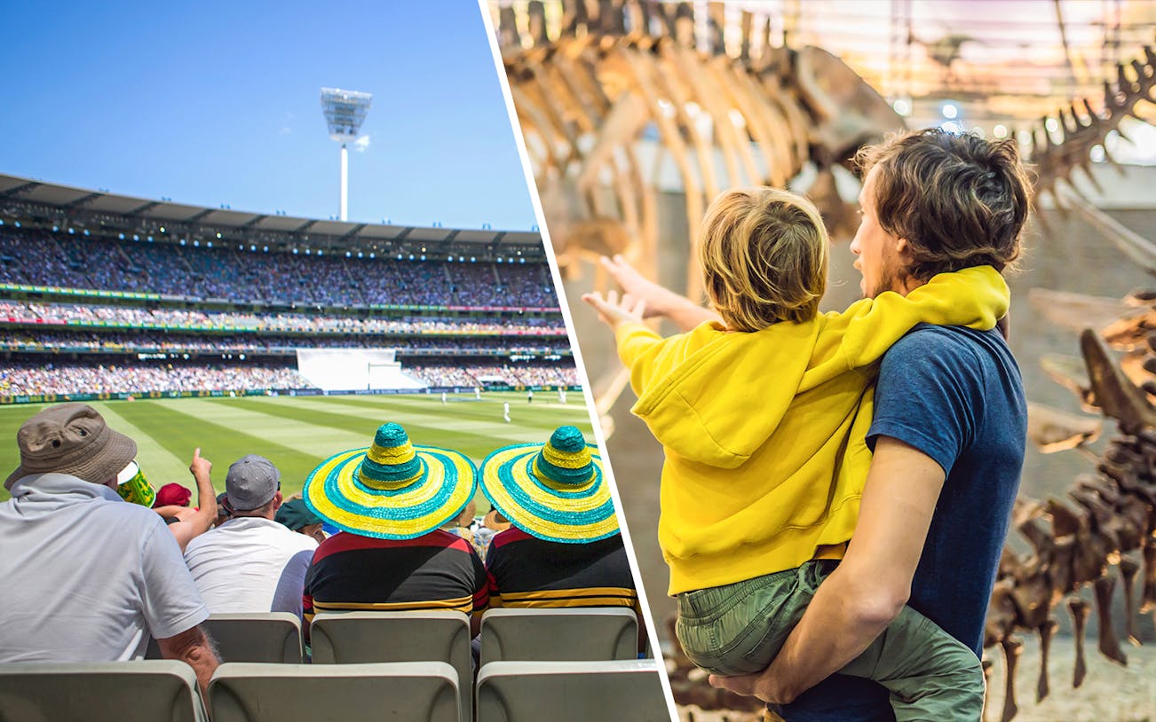 MCG cricket match and family exploring dinosaur exhibit at Melbourne Museum.