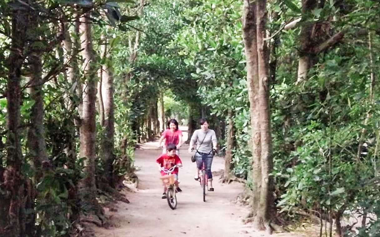 Family biking through a forest path in Okinawa during the Hip Hop Bus Tour.