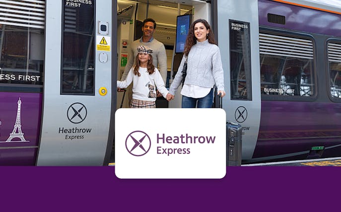 Heathrow Express train at platform, connecting Heathrow Airport to London Paddington.