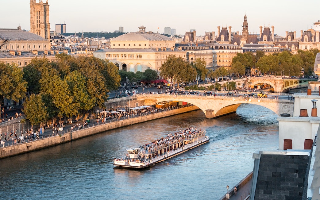 Seine River cruise boat passing under a bridge in Paris with cityscape view.