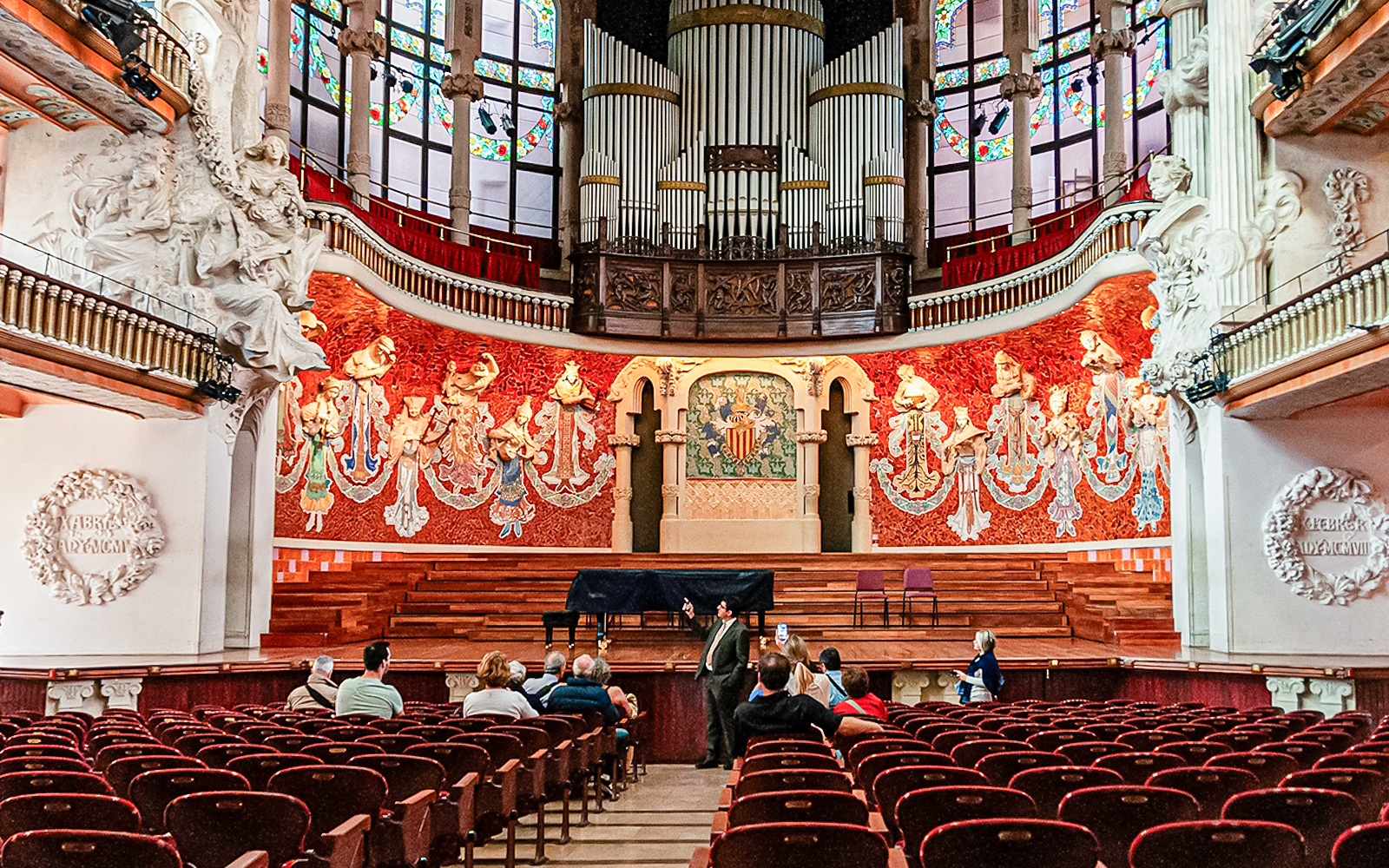 Visitors on a guided tour inside the Palau de la Música Catalana, Barcelona.