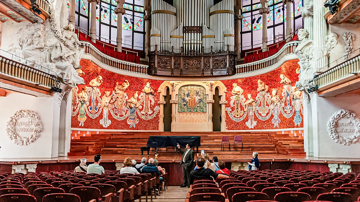 Visitors on a guided tour inside the Palau de la Música Catalana, Barcelona.