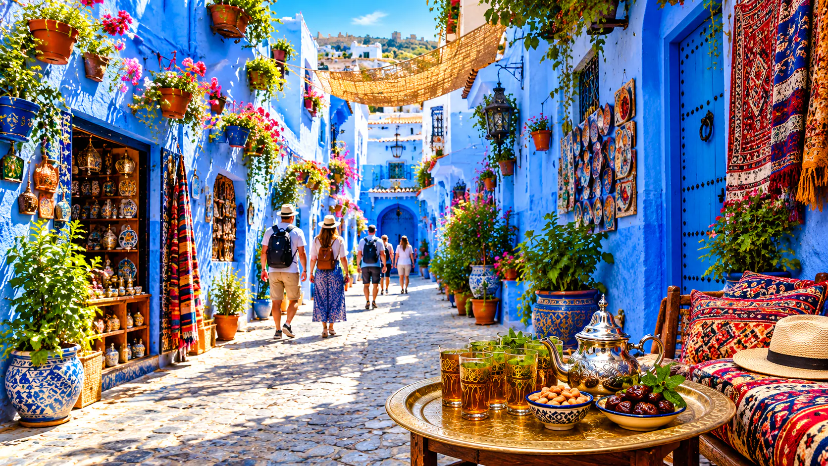 Visitors exploring vibrant blue streets with Moroccan tea set in Tangier market.