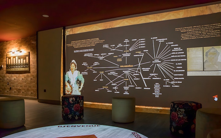 Flamenco history display with flowchart and historical figure in a museum setting.