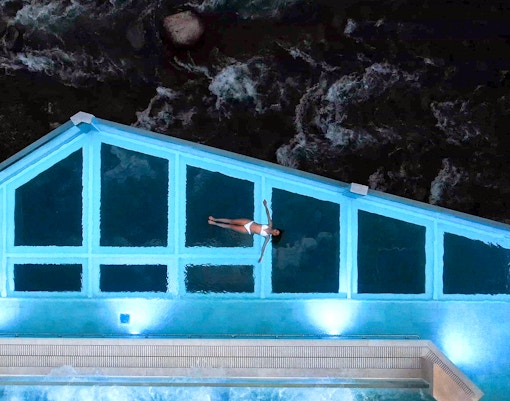 Caldea Spa panoramic lagoon with mountain views in Andorra.