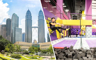 Petronas Twin Towers and trampoline park at SuperPark Malaysia combo experience.