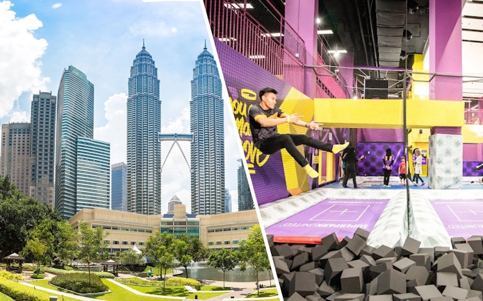 Petronas Twin Towers and trampoline park at SuperPark Malaysia combo experience.
