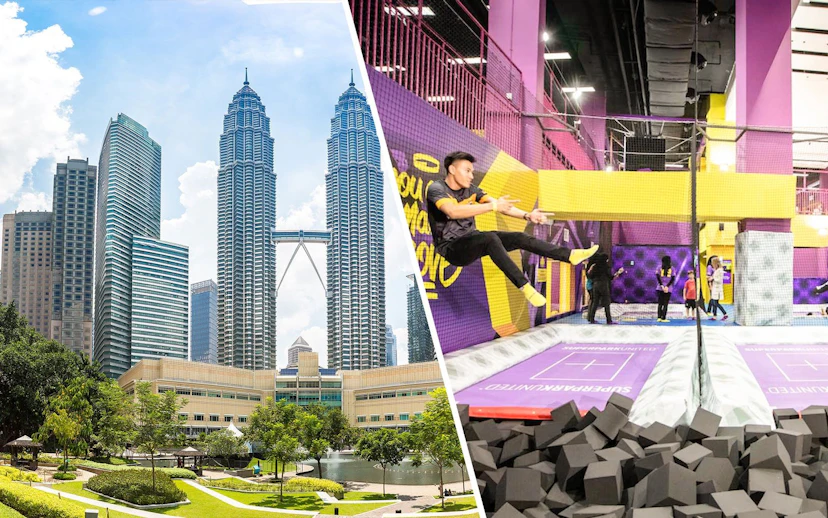 Petronas Twin Towers and trampoline park at SuperPark Malaysia combo experience.