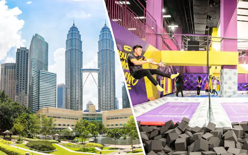 Petronas Twin Towers and trampoline park at SuperPark Malaysia combo experience.