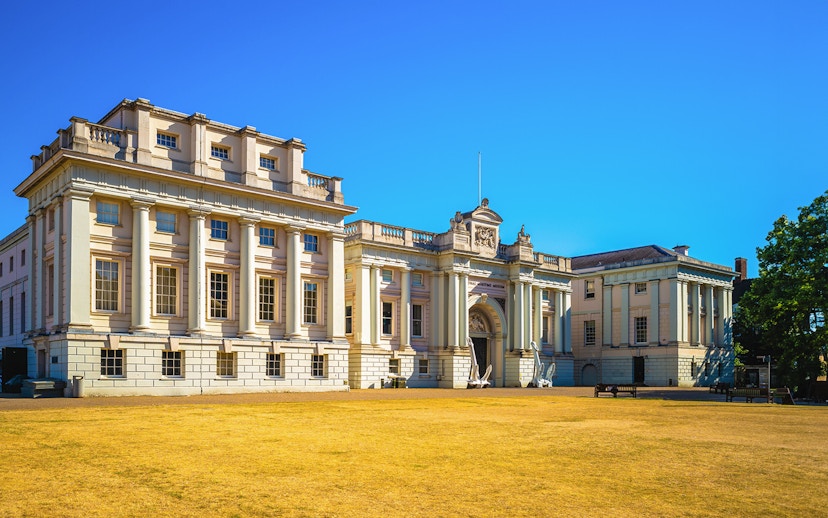 National Maritime Museum in Greenwich with neoclassical architecture.