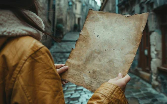 Person holding an old map on a cobblestone street in Bucharest.