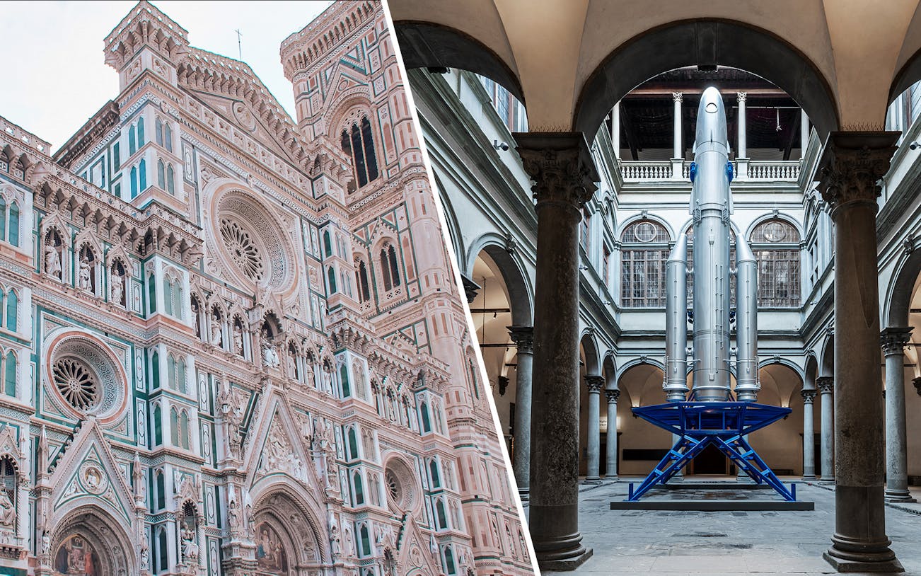 Florence Cathedral facade and rocket exhibit in Italian museum courtyard.