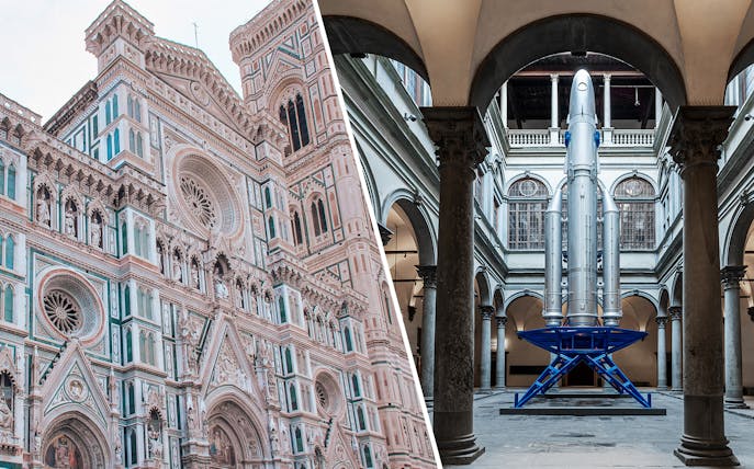Florence Cathedral facade and rocket exhibit in Italian museum courtyard.