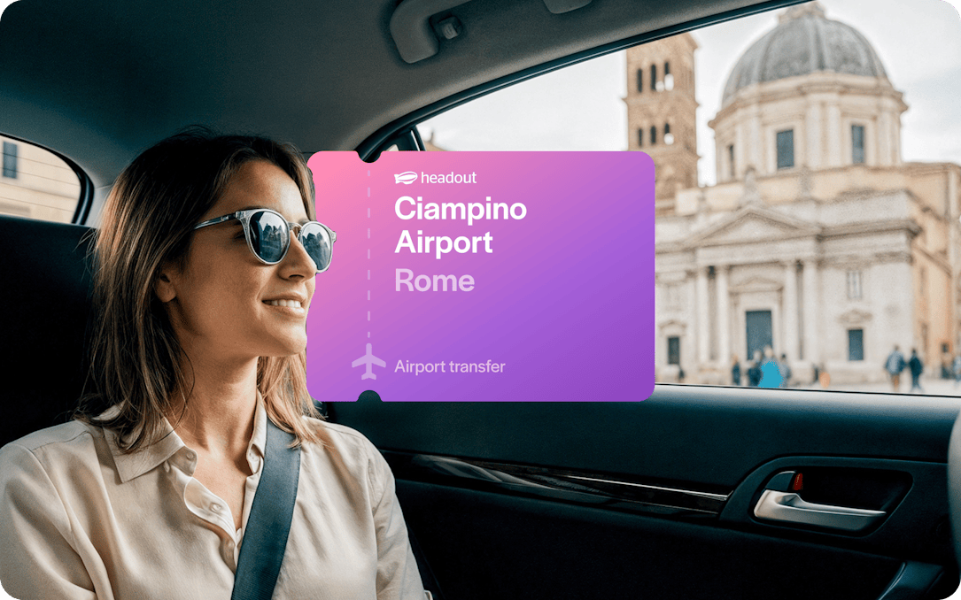Woman in car during airport transfer from Ciampino Airport, Rome, with city view.