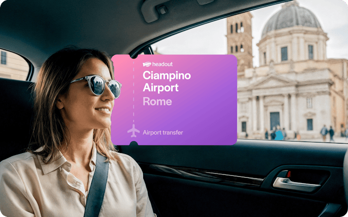Woman in car during airport transfer from Ciampino Airport, Rome, with city view.