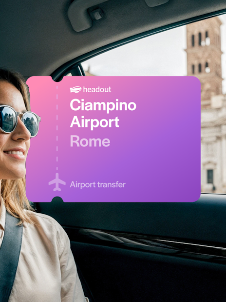 Woman in car during airport transfer from Ciampino Airport, Rome, with city view.
