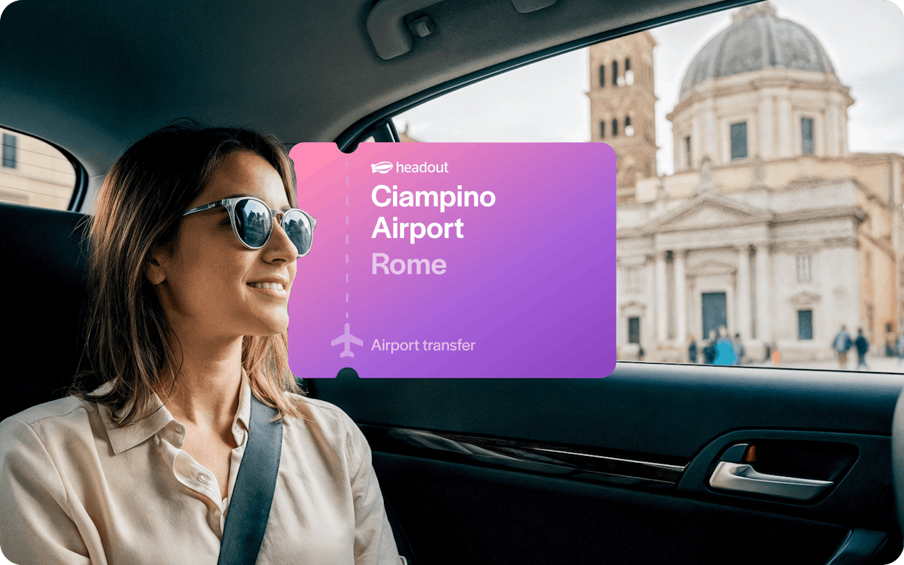 Woman in car during airport transfer from Ciampino Airport, Rome, with city view.