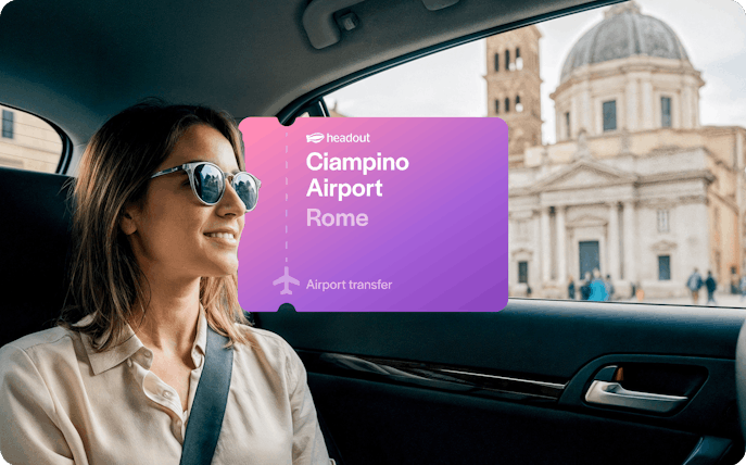 Woman in car during airport transfer from Ciampino Airport, Rome, with city view.