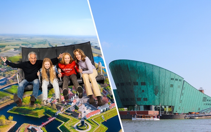 Family enjoying a ride at This is Holland with view of Dutch landscape, next to NEMO Science Museum, Amsterdam.