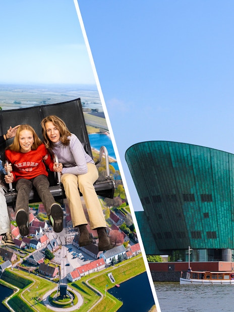 Family enjoying a ride at This is Holland with view of Dutch landscape, next to NEMO Science Museum, Amsterdam.