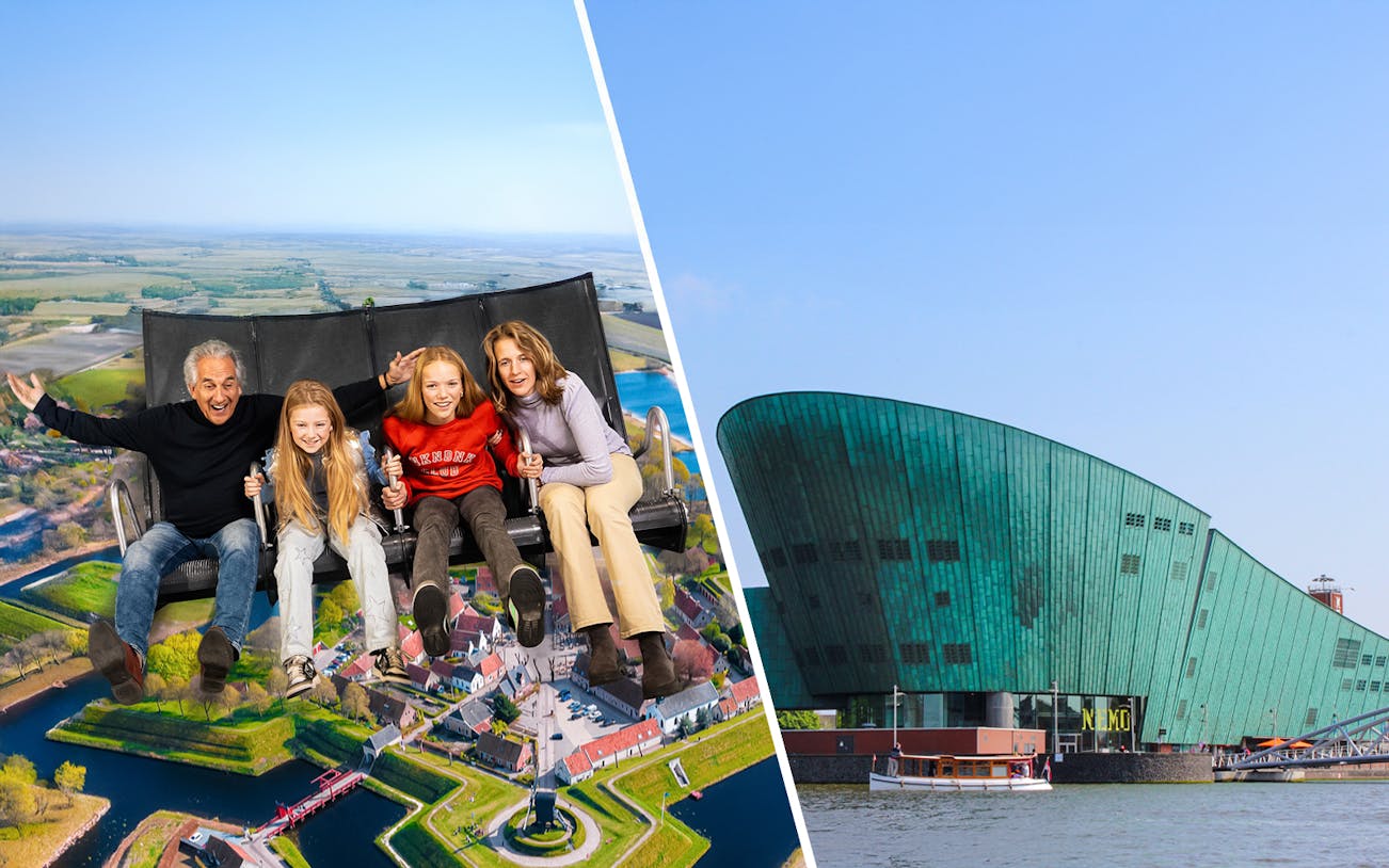 Family enjoying a ride at This is Holland with view of Dutch landscape, next to NEMO Science Museum, Amsterdam.