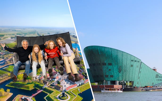 Family enjoying a ride at This is Holland with view of Dutch landscape, next to NEMO Science Museum, Amsterdam.