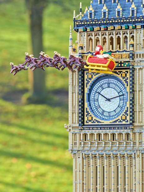 Lego Big Ben with Santa's sleigh and reindeer at Legoland Christmas London.