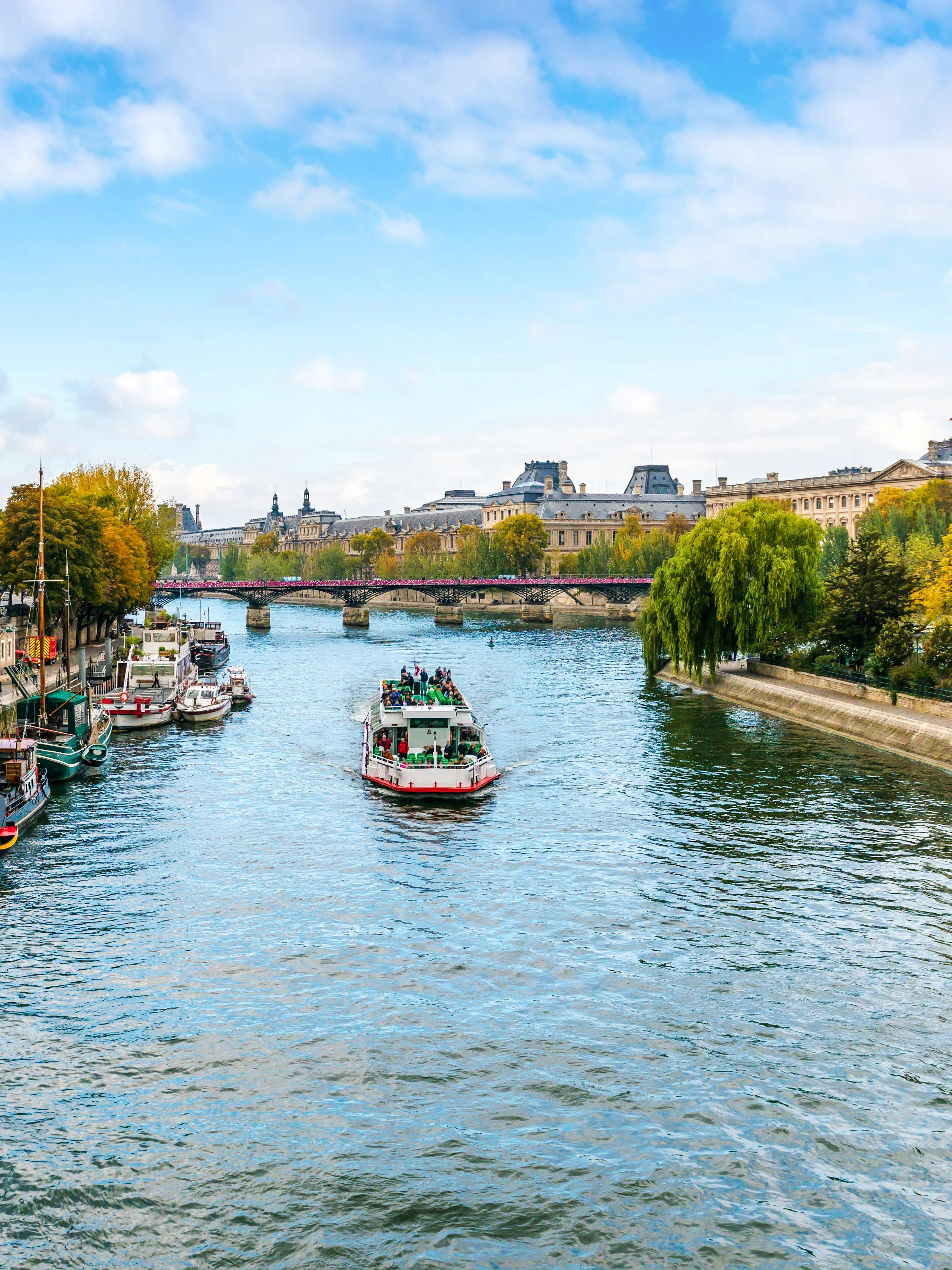 Seine River cruise boat passing under a bridge in Paris, with trees and historic buildings along the riverbank.