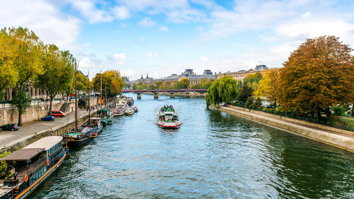Seine River cruise boat passing under a bridge in Paris, with trees and historic buildings along the riverbank.